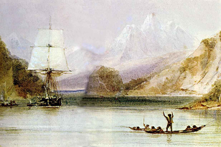 HMS Beagle being hailed by natives during the survey of Tierra del Fuego, South America